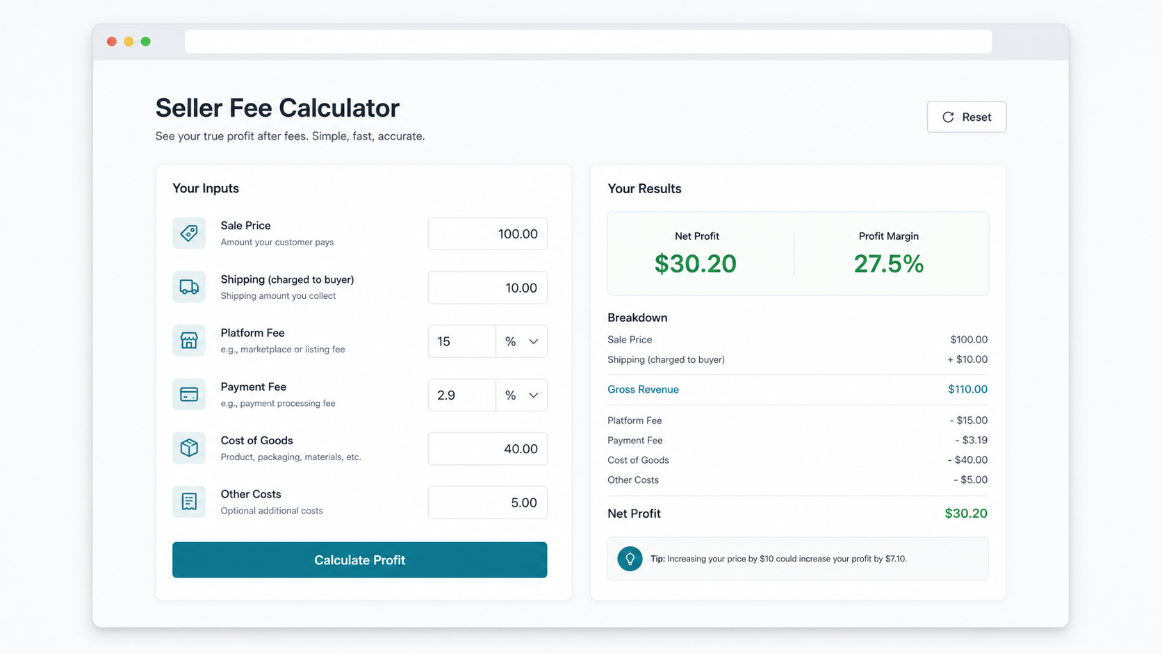 Seller Fee Kit calculator workspace preview